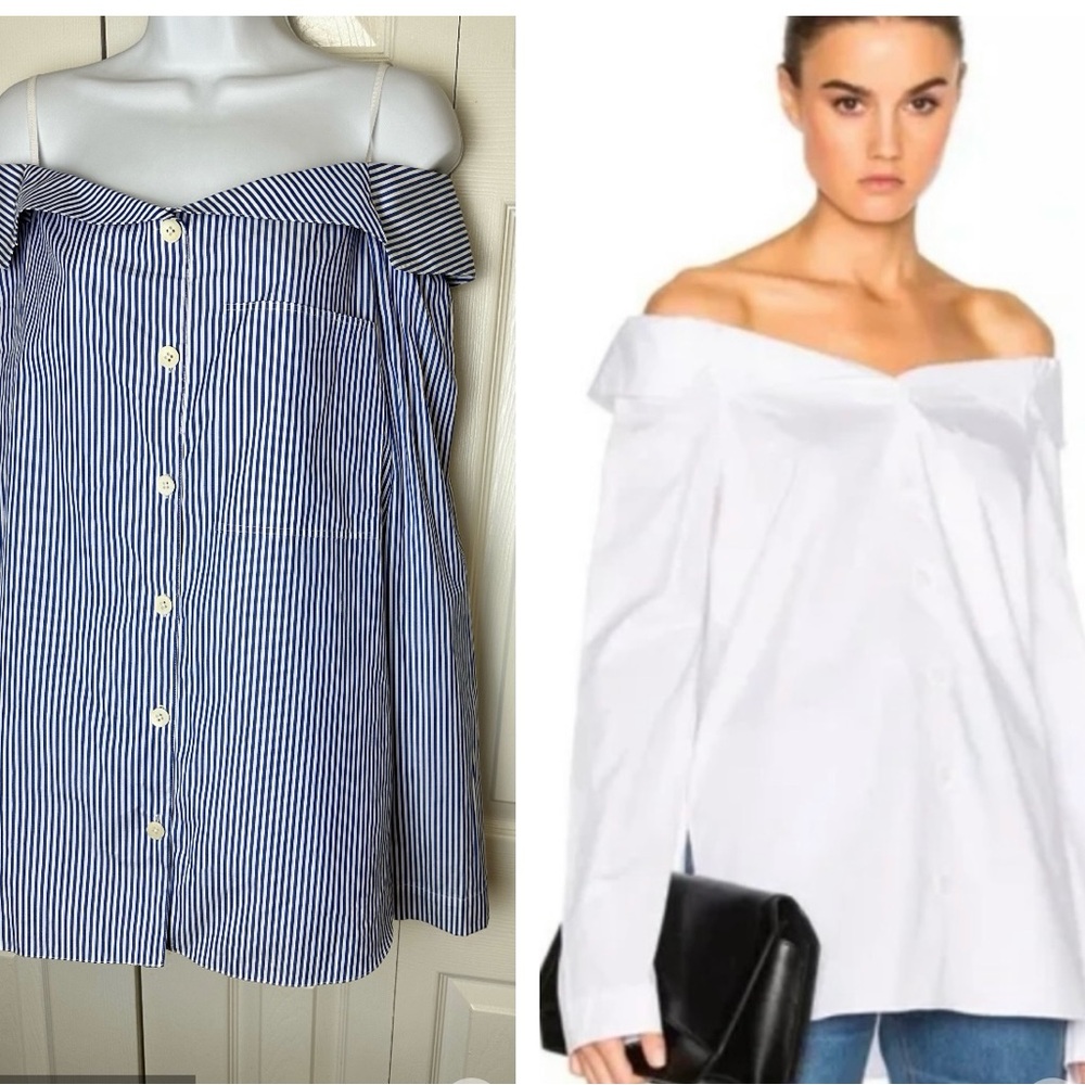 New TIBI Frederic Off The Shoulder Blouse Top Shirt Blue White Striped Poplin